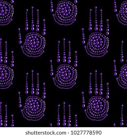 Seamless geometrical pattern with human palms made of drops of liquid or cabochon amethyst gems.