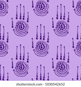 Seamless geometrical pattern with human palms made of amethyst cabochon gems or purple drops of liquid. Modern style.