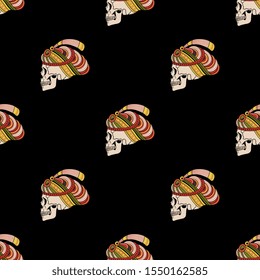Seamless geometrical pattern with human skull in oriental turban. Pirate polka dot.