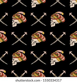 Seamless geometrical pattern with human skulls in oriental turbans and crossed daggers. Pirate repeating decor.