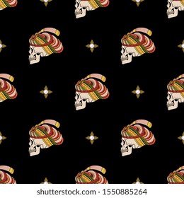 Seamless geometrical pattern with human skulls in oriental turbans. Pirate polka dot.