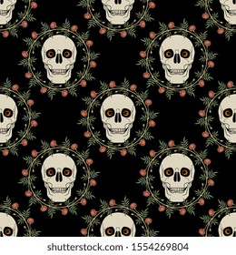 Seamless geometrical pattern with human skulls with spooky eyes in marigold wreaths. Mexican Day of the Dead decor. Dia de los Muertos.