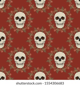 Seamless geometrical pattern with human skulls with spooky eyes in marigold wreaths. Mexican Day of the Dead decor. Dia de los Muertos.