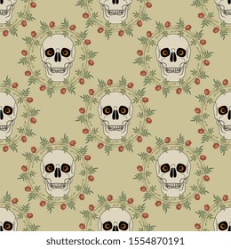 Seamless geometrical pattern with human skulls with spooky eyes in marigold wreaths. Mexican Day of the Dead decor. Dia de los Muertos.