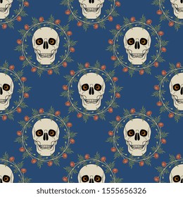 Seamless geometrical pattern with human skulls with spooky eyes in marigold wreaths. Mexican Day of the Dead decor. Dia de los Muertos.