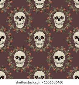 Seamless geometrical pattern with human skulls with spooky eyes in marigold wreaths. Mexican Day of the Dead decor. Dia de los Muertos.