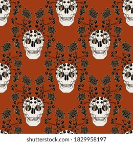 Seamless geometrical pattern with human skulls and rose branches. Creative Halloween design. Mexican Day of the Dead. Dia de los Muertos.