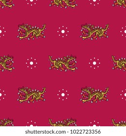 Seamless geometrical pattern with images of Aztec sea monster Cipactli. Based on authentic ancient Mexican image. 