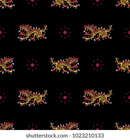 Seamless geometrical pattern with images of Aztec sea monster Cipactli. Based on authentic ancient Mexican image. 