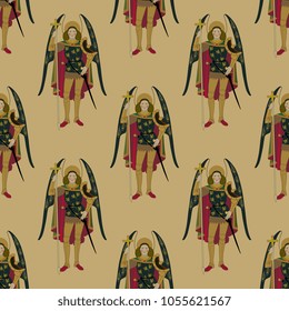 Seamless geometrical pattern with images of St. Archangel Michael. Based on medieval or Baroque European art.