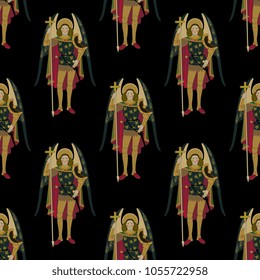 Seamless geometrical pattern with images of St. Archangel Michael. 