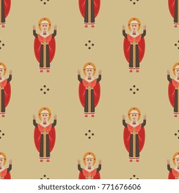 Seamless geometrical pattern with images of Virgin Mary and dots. Based on Russian folk style.
