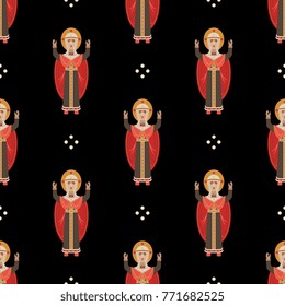 Seamless geometrical pattern with images of Virgin Mary and dots. Based on Russian folk style.