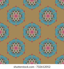 Seamless geometrical pattern with intricate floral mandalas on golden bronze background. Round floral motifs in Oriental style based on ancient jewelry.