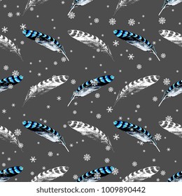Seamless geometrical pattern with jay bird feathers and snowflakes. Cute winter motif. Based on hand drawn sketch.