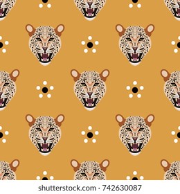 Seamless geometrical pattern with leopard faces and simple polka dot floral motifs. Flat cartoon style.