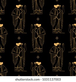 Seamless geometrical pattern with linear silhouettes of ancient Greek goddess Artemis and small abstract floral motifs.