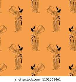 Seamless geometrical pattern with linear silhouettes of ancient Greek musician with a lyre.