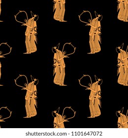 Seamless geometrical pattern with linear silhouettes of ancient Greek musician with a lyre.