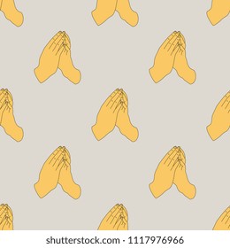 Seamless geometrical pattern with linear silhouettes of human hands in pray.
