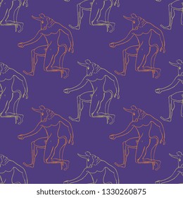 Seamless geometrical pattern with linear silhouettes of ancient Greek monster bull man Minotaur. Based on hand drawn doodle sketch.