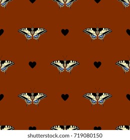Seamless geometrical pattern with machaon butterflies and heart shapes.
