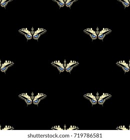 Seamless geometrical pattern with machaon butterflies on black background.