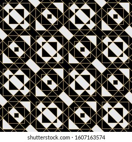 Seamless geometrical pattern. A magnificent modern ornament with cubes, triangles, rhombuses, the thin gold line. Infinitely alternating graphic pattern. Vector element of design.