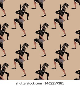 Seamless geometrical pattern with marching ancient Greek soldiers. Vase painting style.