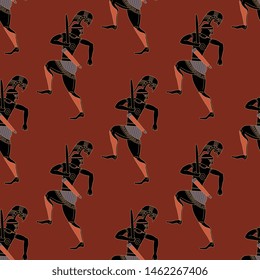 Seamless geometrical pattern with marching ancient Greek soldiers.
