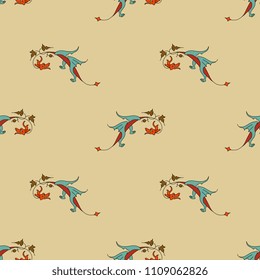 Seamless geometrical pattern with medieval dragons and floral elements. Based on Gothic illuminated manuscript motif.
