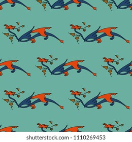 Seamless geometrical pattern with medieval dragons and floral elements. Based on Gothic illuminated manuscript motif.