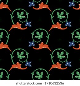 Seamless geometrical pattern with medieval floral motifs. Elegant vine scrolls with leaves.