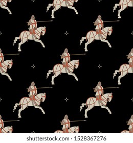 Seamless geometrical pattern with medieval knights riding a horse and small crosses.