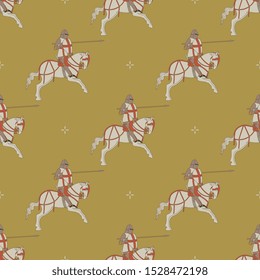 Seamless geometrical pattern with medieval knights riding a horse and small crosses.