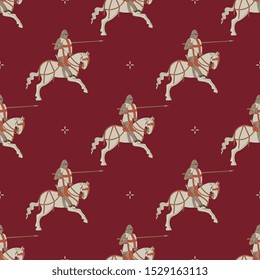 Seamless geometrical pattern with medieval knights riding a horse and small crosses.