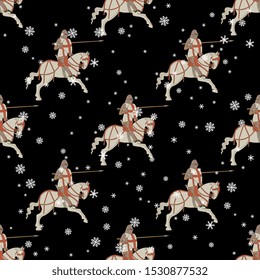 Seamless geometrical pattern with medieval knights riding a horse and snowflakes.