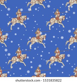 Seamless geometrical pattern with medieval knights riding a horse and snowflakes.