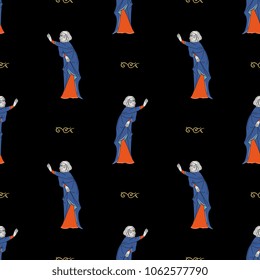 Seamless geometrical pattern with medieval lady and abstract scrolls.