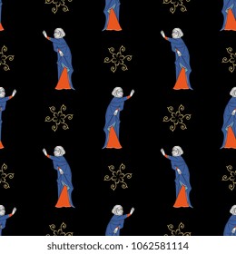 Seamless geometrical pattern with medieval lady and abstract round stars.