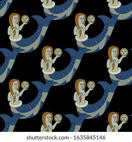 
Seamless geometrical pattern with medieval mermaids. Illuminated manuscript motif.