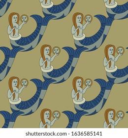 Seamless geometrical pattern with medieval mermaids. Illuminated manuscript motif.