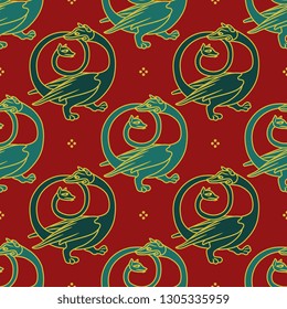 Seamless geometrical pattern with medieval motifs. Fantastic funny dragons.