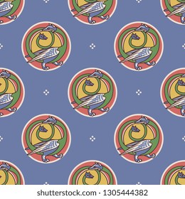Seamless geometrical pattern with medieval motifs. Round polka dots with fantastic dragons. Gothic illuminated manuscript style.