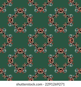 Seamless geometrical pattern with medieval motifs. Icelandic illuminated manuscript style. On green background.
