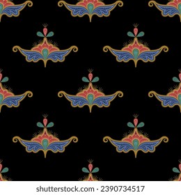 Seamless geometrical pattern with medieval Russian floral motifs. Folk style. On black background.
