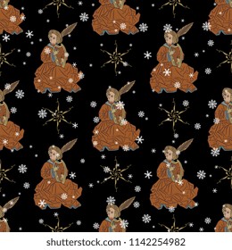 
Seamless geometrical pattern with medieval young man playing the harp and abstract round mandalas under snowflakes. Based on ancient Gothic motif.