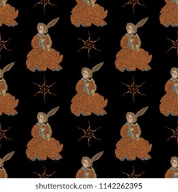 Seamless geometrical pattern with medieval young man playing the harp and abstract round mandalas. Based on ancient motif.