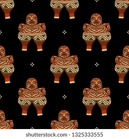Seamless geometrical pattern with Mexican ethnic motifs. Tribal pre-Columbian figurine Venus from Chupicuaro. Flat cartoon style.