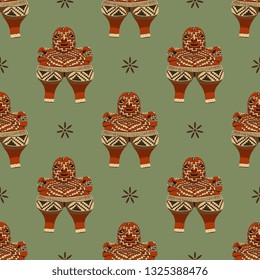 Seamless geometrical pattern with Mexican ethnic motifs. Tribal pre-Columbian figurine Venus from Chupicuaro. Flat cartoon style.